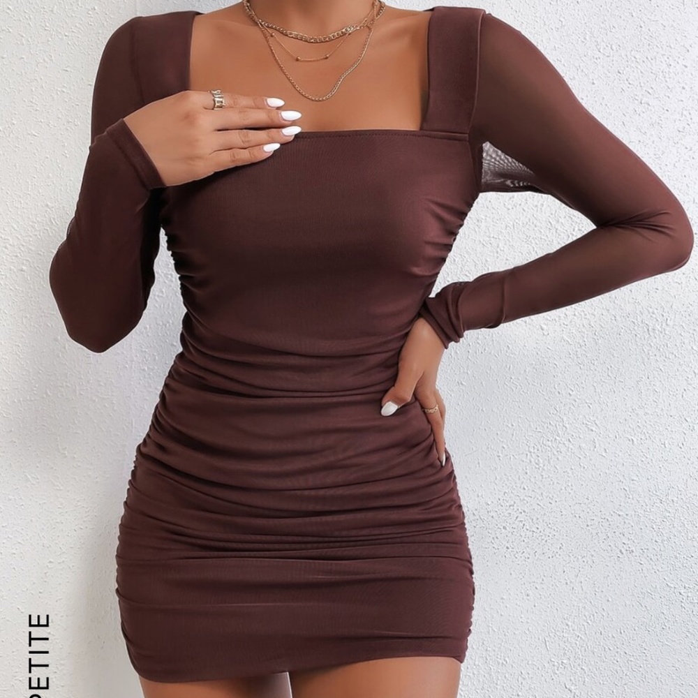 Square Neck Ruched Mesh Bodycon Dress